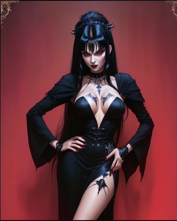 4k, best quality, araffe woman in black dress with black hair and black gloves, Elvira in tattered clothes, villainess, angry dark-haired women, vampire queen, Morticia Addams, Raven black hair, Raven, gothic woman, dark gothic queen, Queen of darkness, Dwayne Barlowe, The Vampire, with black sclera eyes, long Raven hair, glamor shot, voluminous breasts