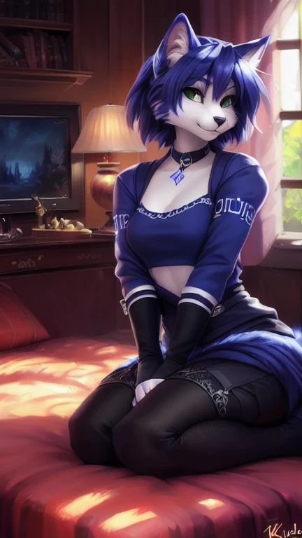 A beautiful and detailed (sweet portrait) von ((Krystal)), Sternenfuchs Krystal, Schlank, liebenswert, green eyes, medium breasts, (((Lange blaue Haare 1.3))),  ((schwarze haarspitzen)), Dekollete, Grinsen, hoch schauen,, anthro, Pelzig, Hochgeladen E621, detailed flauschige fur, (von Fluff-Kevlar, Bayard Wu, personalami, Pino Daeni), detailliertes Gesicht, (flauschige), 1 girl, Allein, auf einem bett liegend, alltagskleidung, heller pullover 1.3, schwarze hose, fernsehen