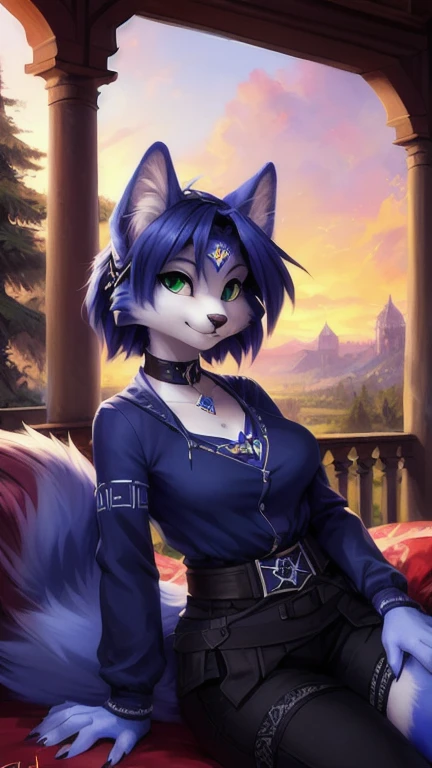 A beautiful and detailed (sweet portrait) von ((Krystal)), Sternenfuchs Krystal, Schlank, liebenswert, green eyes, medium breasts, (((Lange blaue Haare 1.3))),  ((schwarze haarspitzen)), Dekollete, Grinsen, hoch schauen,, anthro, Pelzig, Hochgeladen E621, detailed flauschige fur, (von Fluff-Kevlar, Bayard Wu, personalami, Pino Daeni), detailliertes Gesicht, (flauschige), 1 girl, Allein, auf einem bett liegend, alltagskleidung, heller pullover 1.3, schwarze hose, fernsehen