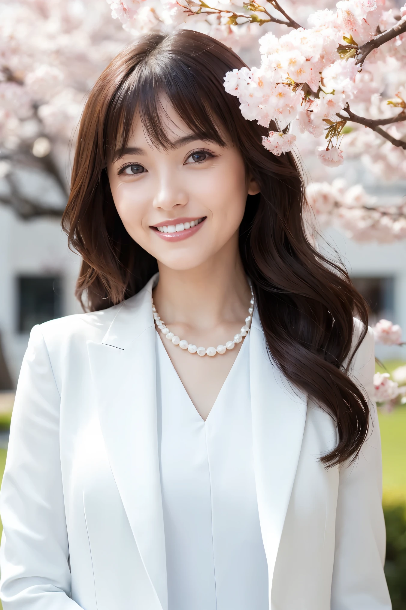 (masterpiece、highest quality、Best image quality、8k、Award-winning works)、(1 40 year old mature woman:1.2)、(Facial wrinkles:1.2)、(graduation costume:1.1)、(Commemorative photo taken with the school in the background:1.1)、(Very bright and beautiful skin:1.3)、(very bright and vivid:1.2)、(Look at me with your best smile:1.1)、(The most natural and perfect white formal suit:1.2)、(A perfect and precise pearl necklace:1.2)、(Super bright and radiant skin:1.2)、(A perfect white suit that shines so brightly:1.1)、(とても明るくてピカピカのnew校舎:1.1)、(Elegantly styled very long wavy hair:1.2)、Black brown hair、(Big Breasts:1.1)、Accentuate your body lines、(Standing Most Elegantly:1.1)、(The background is a rectangular school building with four floors:1.2)、(Modern 4-storey rectangular building:1.2)、(Reinforced concrete square school:1.2)、(new, The modern exterior of the school building:1.1)、(Beautiful square window glass:1.1)、(A new and beautiful high school:1.1)、Sunny and beautiful sky、Clear, beautiful sky、Beautiful thunderclouds、(Fresh sunshine:1.1)、(Blurred cherry blossom tree in full bloom in the background:1.1)、Perfect Makeup、Bright lipstick、Upper body photo、Blurred Background、(Perfect Anatomy:1.1)、Ultra-high definition beauty face、Ultra HD Hair、Ultra high resolution perfect beautiful teeth、(Please smile widely and show your beautiful teeth.:1.1)、Ultra-high definition sparkling eyes、Ultra-high quality glossy lips