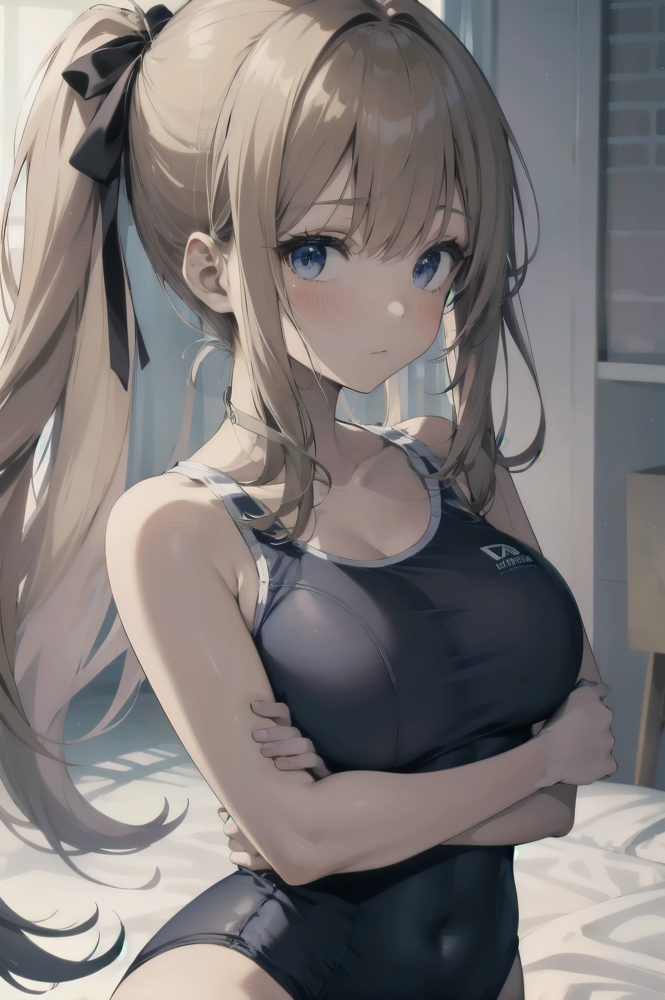 high quality、最high quality、Complete limbs、Ultra-high resolution、Shining Eyes、Full hands and fingers、Slender beauty、Wearing a white school swimsuit、White skin, View your viewers,, No correction, arms on the back, throw, bangs, Focus Only , break , grasp, Last, Girl Grabbed by the Chest ,Girl's outstretched arms, (Molestation), Grabbing someone else's breasts, ((throw hands grabbing girl's chest:1.5))