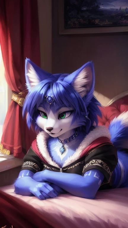 A beautiful and detailed (sweet portrait) von ((Krystal)), Sternenfuchs Krystal, Schlank, liebenswert, green eyes, medium breasts, (((Lange blaue Haare 1.3))),  ((schwarze haarspitzen)), Dekollete, Grinsen, hoch schauen,, anthro, Pelzig, Hochgeladen E621, detailed flauschige fur, (von Fluff-Kevlar, Bayard Wu, personalami, Pino Daeni), detailliertes Gesicht, (flauschige), 1 girl, Allein, auf einem bett liegend, alltagskleidung, heller pullover 1.3, schwarze hose, fernsehen