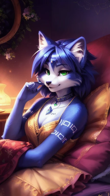 A beautiful and detailed (sweet portrait) von ((Krystal)), Sternenfuchs Krystal, Schlank, liebenswert, green eyes, medium breasts, (((Lange blaue Haare 1.3))), ((schwarze haarspitzen)), Dekollete, Grinsen, hoch schauen,, anthro, Pelzig, Hochgeladen E621, detailed flauschige fur, (von Fluff-Kevlar, Bayard Wu, personalami, Pino Daeni), detailliertes Gesicht, (flauschige), 1 girl, Allein, auf einem bett liegend, alltagskleidung, heller pullover 1.3, schwarze hose, fernsehen