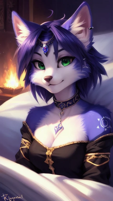 A beautiful and detailed (sweet portrait) von ((Krystal)), Sternenfuchs Krystal, Schlank, liebenswert, green eyes, medium breasts, (((Lange blaue Haare 1.3))),  ((schwarze haarspitzen)), Dekollete, Grinsen, hoch schauen,, anthro, Pelzig, Hochgeladen E621, detailed flauschige fur, (von Fluff-Kevlar, Bayard Wu, personalami, Pino Daeni), detailliertes Gesicht, (flauschige), 1 girl, Allein, auf einem bett liegend, alltagskleidung, heller pullover 1.3, schwarze hose, fernsehen
