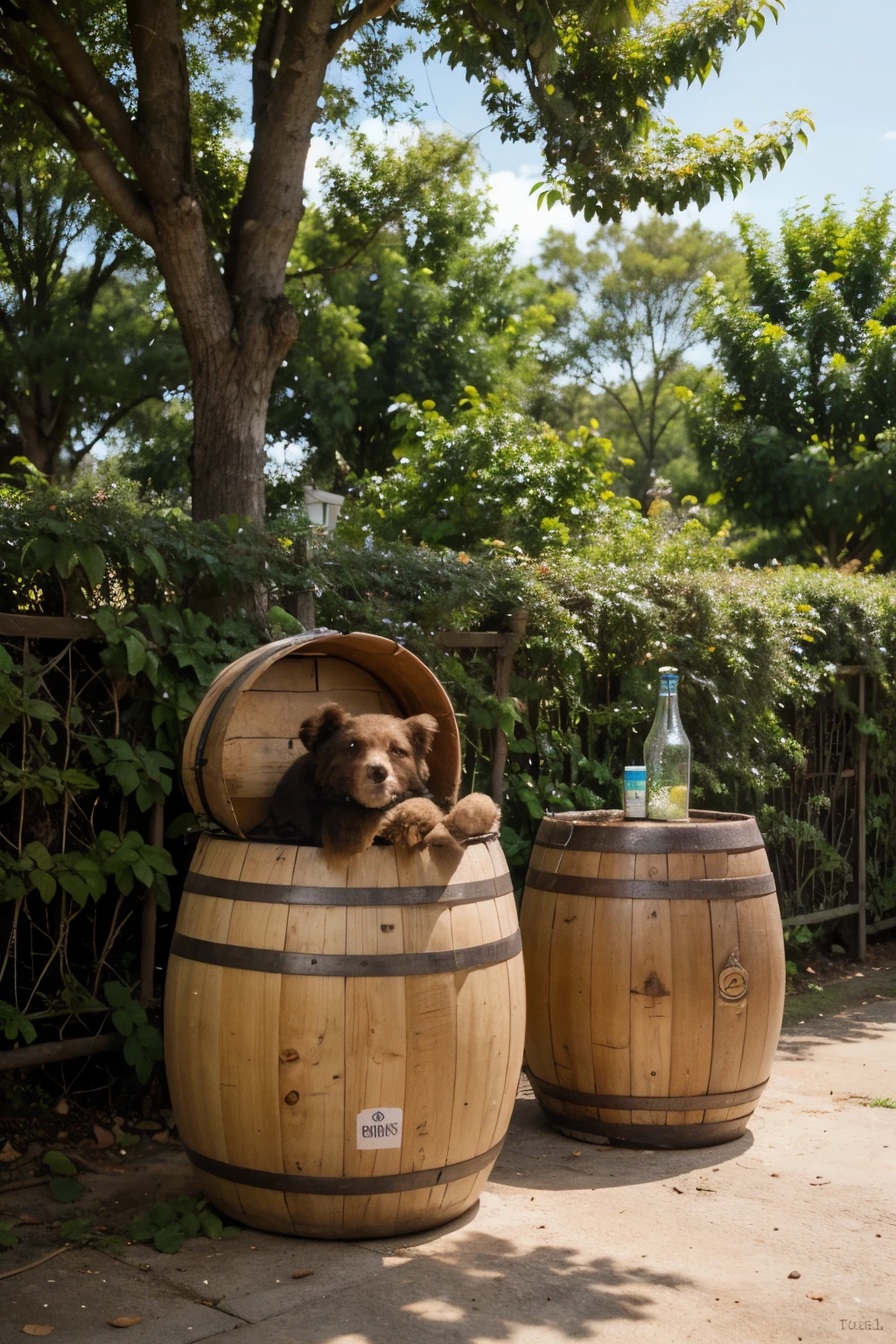 O desenho mostra um ambiente natural, with a large wooden barrel placed next to a leafy tree. No topo do barril, there is an open lid, e dentro dele, we see several recyclable materials, como latas, plastic bottles and papers.

Ao redor do barril, there is a little teddy bear, olhando curiosamente para dentro do barril, com as patas apoiadas na borda. The teddy bear has a friendly smile and a look full of interest in recycling.

Ao fundo, podemos ver algumas flores e plantas crescendo, indicando a natureza exuberante do local. in the sky, birds fly freely, completing the scene of harmony between the natural environment and awareness about recycling.
