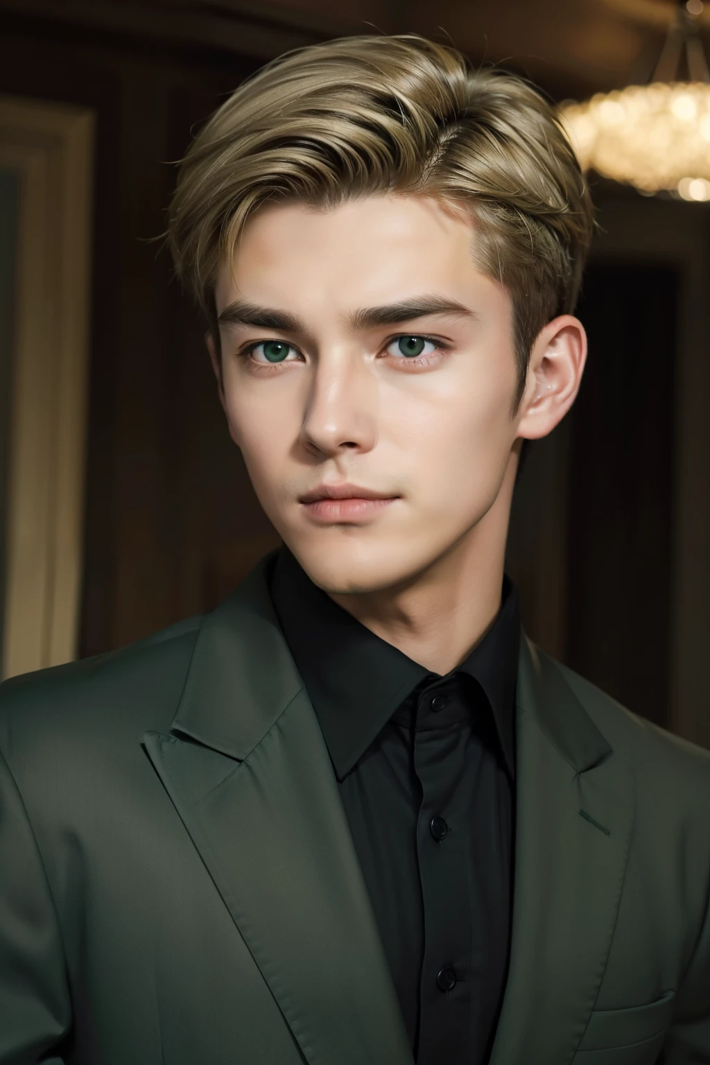 masterpiece, best quality, realistic, 1man, mature male, quiet and charming young man, 18 years old, look serious, closed mouth, portrait, extremely detailed face, smirk, ((dark green eyes)), ((short-side-swept sandy blonde hair)), [thick eyebrows], living-room, ((black suit))