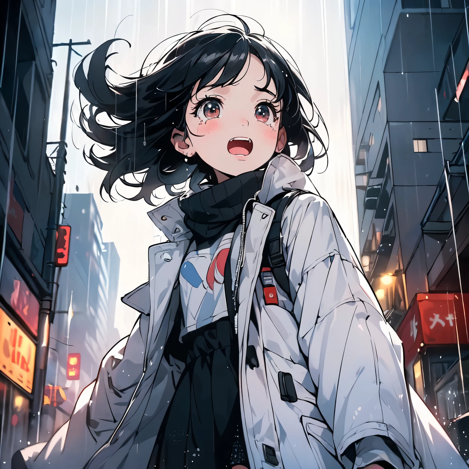 A short black hair，3-year-old girl wearing a white coat，Running on rainy city streets，Look up at the sky at a 45-degree angle，Frightened expression，Open your mouth and shout，Tears（Upper body display：1.5）（cinematic lighting：1.5）)(ultra-high detail:1.5)(best quality:1.5)
