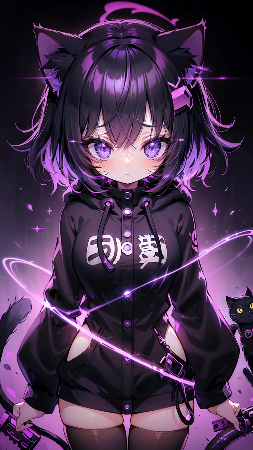 Style 5，Style 7，Anime girl with black hair and cat hat, anime style illustration, Moe Art Style, Wallpaper 8K, digital illustration, beautiful catwoman, She wears a hoodie with animal ears and technowear, futuristic fashion in black and holographic colors, Lots of details and buttons on it, Cable protruding from the casing, The background is a simple pattern with cat figures and paws, purple and black, black cat eyes, holographic, holographic details