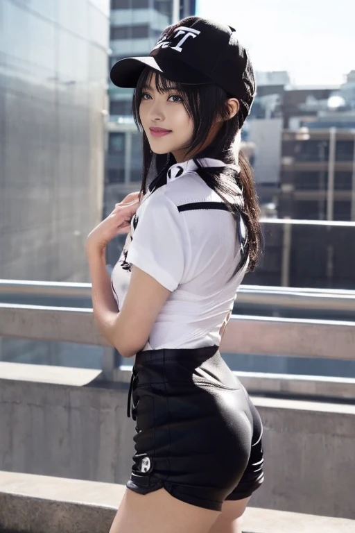 Japanese women、young woman、cute、Beauty、Straight face、Climbing the stairs at the station、Back view、Half Body、Look back here、Looking down here、Long black hair、(He is wearing a tight fitting black baseball cap:1.5)、(Tight shorts、Black hot pants:1.6)、I can see your thighs、Beautiful legs、Beautiful feet、(Oversized T-shirt、Long T-shirt:1.8),Emphasizes chest line、Mid-chest、Sideboob,Sexy pose、attractive、(Underwear lines showing、see-through bra)、Pale Light、smile