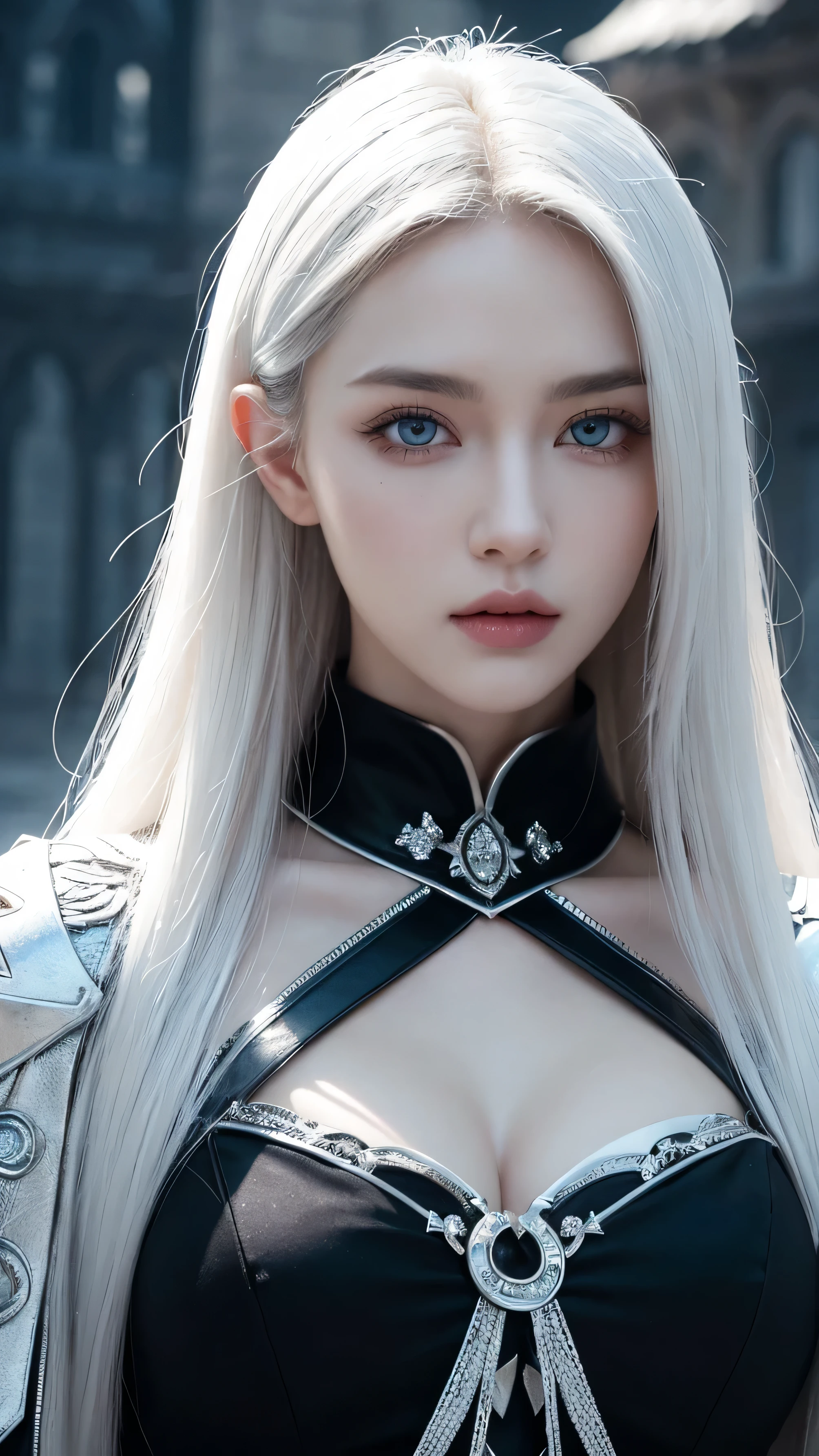 a damn beautiful woman, perfect symmetric eyes, white dead skin, white long hair, white eyes with black eye shadow, castle, detailed, medieval, dungeon and dragons style, 
ultra high quality model, masterpiece, sharp focus, depth of field, unreal engine, perfect composition, digital art on Pixiv Fanbox, artstation, 8k, hdr