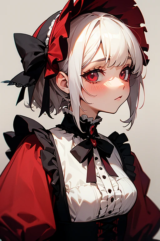 Short white hair, blush, Gothic Lolita、Punk Fashion、Headbang 2.、Red clothes、Elegant Lolita、Victorian Maiden、