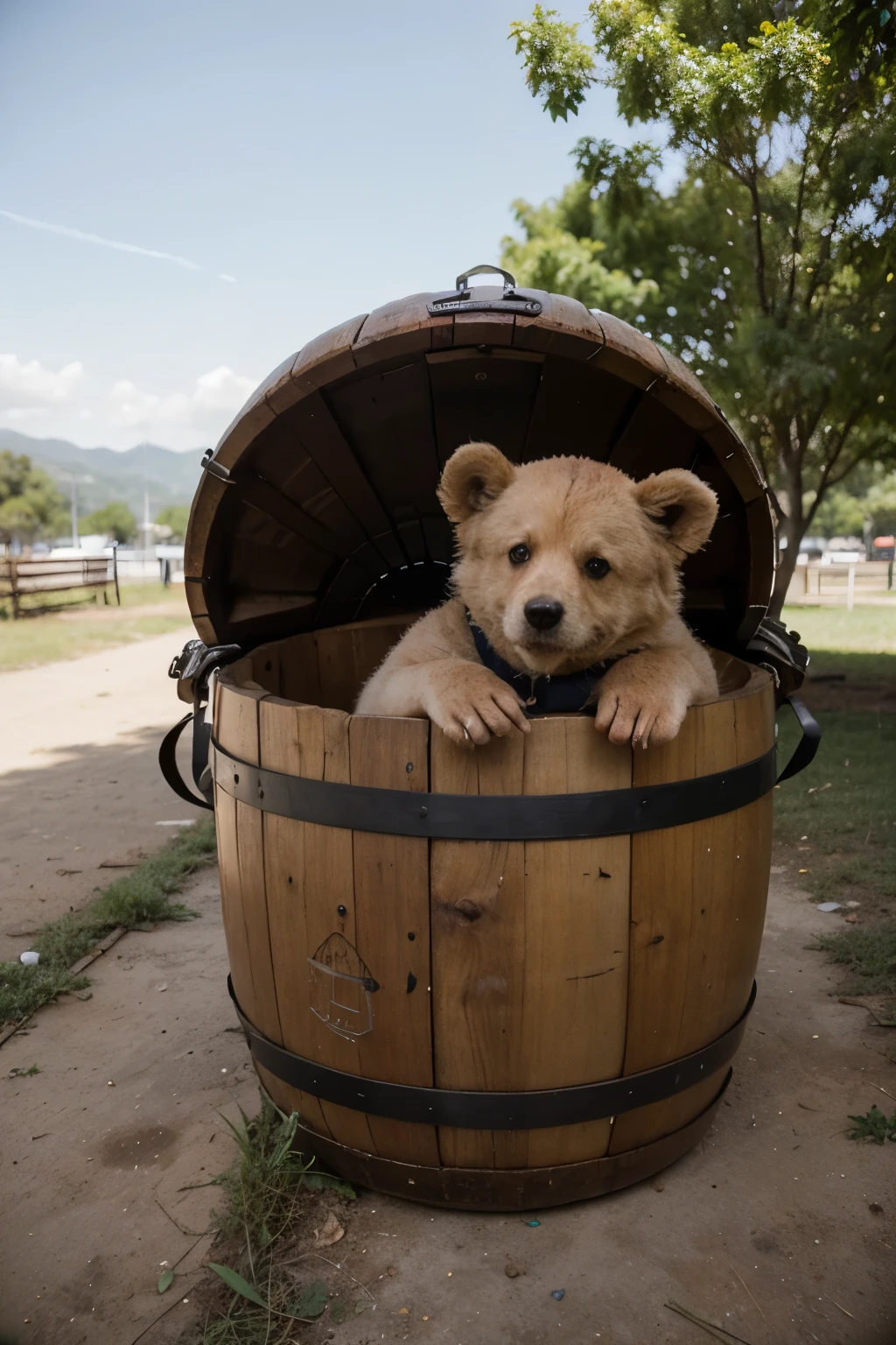 O desenho mostra um ambiente natural, with a large wooden barrel placed next to a leafy tree. No topo do barril, there is an open lid, e dentro dele, we see several recyclable materials, como latas, plastic bottles and papers.
Ao redor do barril, there is a little teddy bear, olhando curiosamente para dentro do barril, com as patas apoiadas na borda. The teddy bear has a friendly smile and a look full of interest in recycling.
Ao fundo, podemos ver algumas flores e plantas crescendo, indicando a natureza exuberante do local. in the sky, birds fly freely, completing the scene of harmony between the natural environment and awareness about recycling.