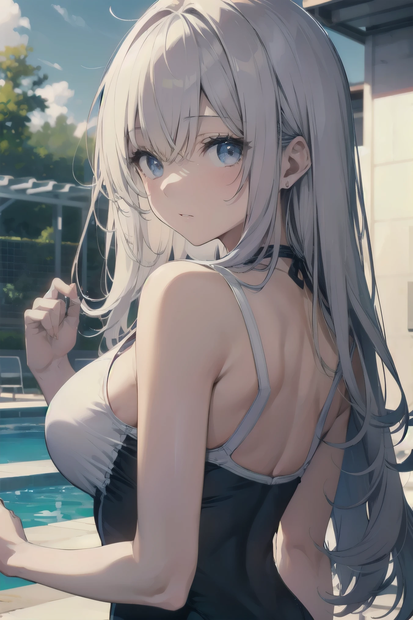 high quality、最high quality、Complete limbs、Ultra-high resolution、Shining Eyes、Full hands and fingers、Slender beauty、Wearing a white school swimsuit、White skin, View your viewers,, No correction, arms on the back, throw, bangs, Focus Only , break , grasp, Last, Girl Grabbed by the Chest ,Girl's outstretched arms, (Molestation), Grabbing someone else's breasts, ((throw hands grabbing girl's chest:1.5))