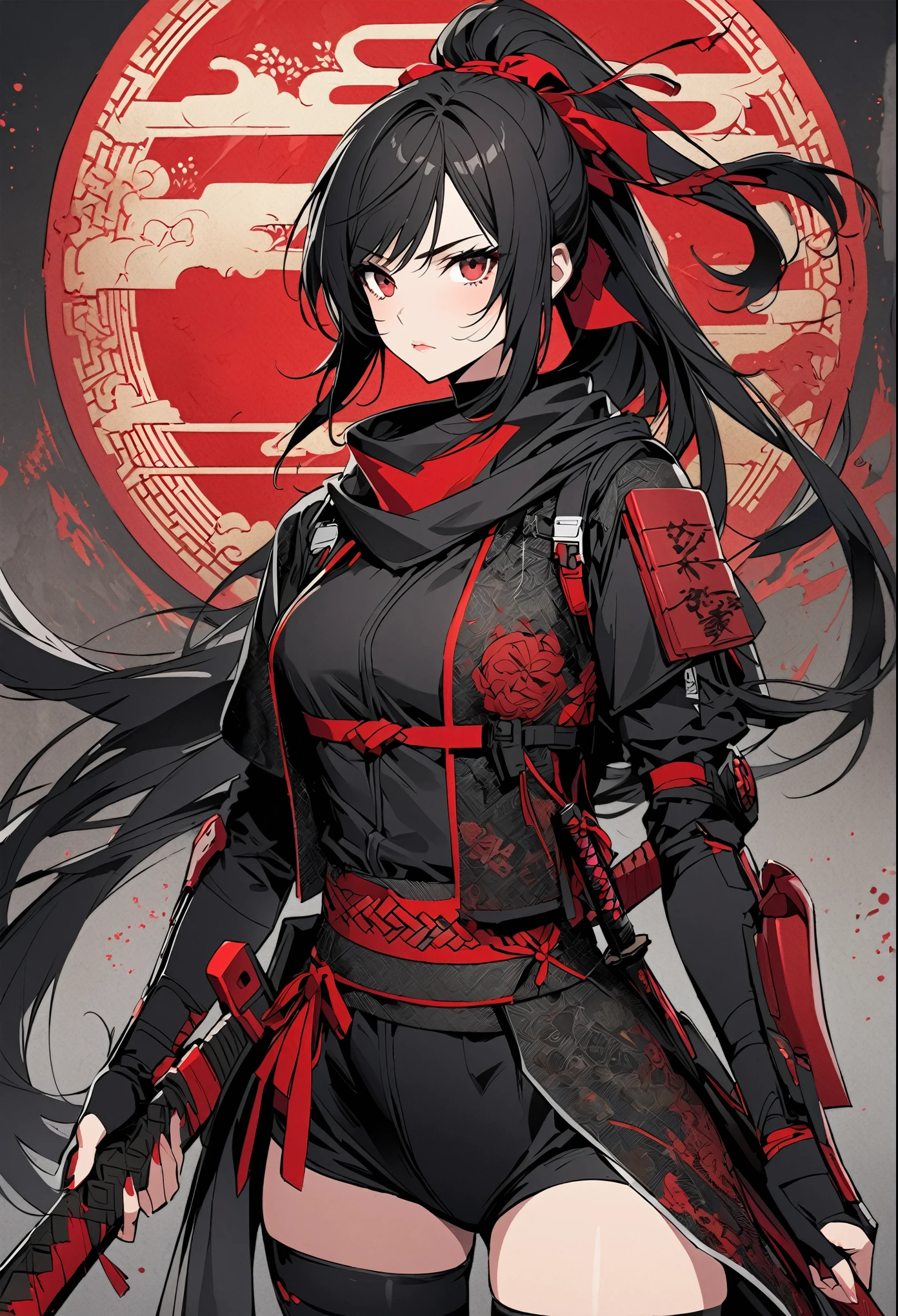 "Create an illustration of a futuristic female ninja with black hair, wearing a detailed and modernized ninja costume and equipped with traditional and technical weapons. She has long black hair tied with a red ribbon and a symbol She must be wearing an advanced black outfit with red accents that include letters. She holds a sword with intricate patterns on the hilt and sheath. The setting is Edo period.