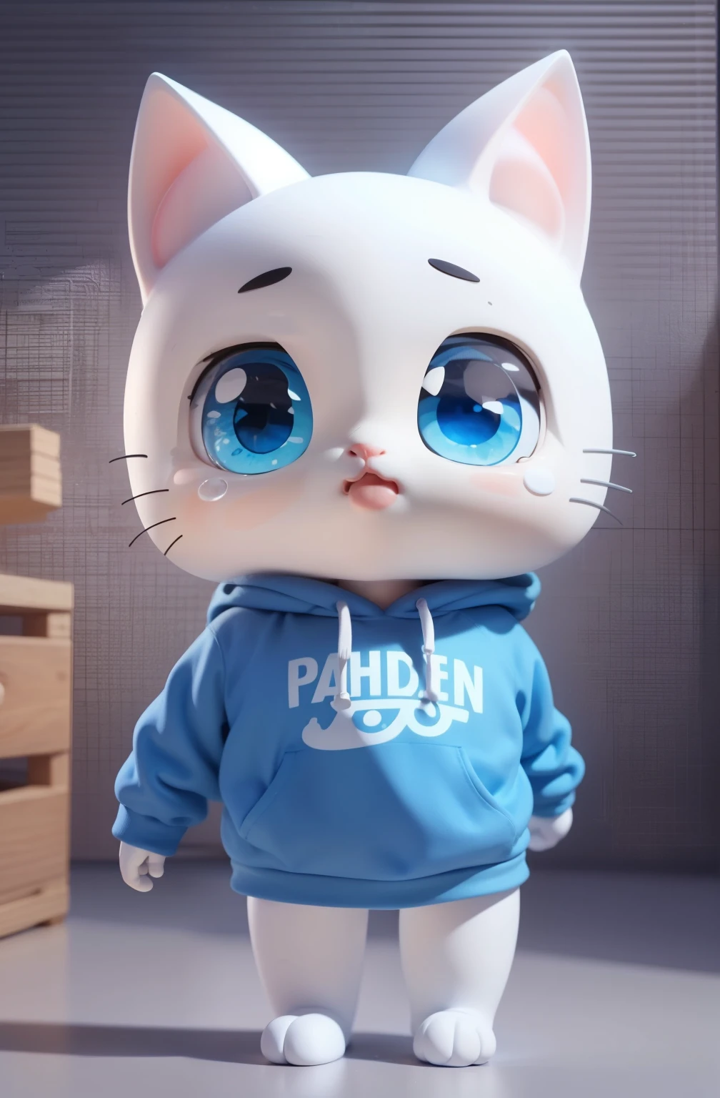 IP for 1 kitten,(Cartoon cat),(White and blue sweatshirt),Whole-body vision,Round eyes,Big head and ,Black background,Natural light,8k,masterpiece,highest quality,Ultra-fine,Clay Materials,Pixar Style, 3D Style, c4d, Blender,OC Rendering、Are crying、Facing forward