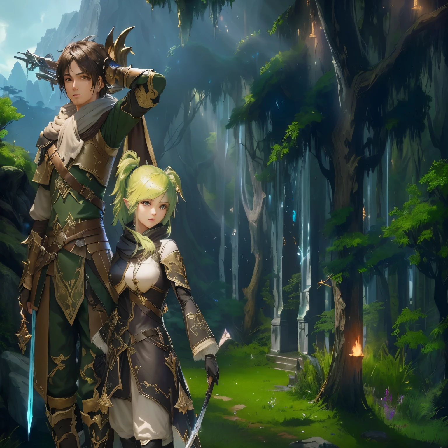 there are two people in a forest with a sword, <MMORPGs scene, MMORPG fantasy, MMORPG, amazing MMORPG, MMORPG gameplay, da ncsoft, Estilo Final Fantasy 14, fantasia mmo, 2. arte de fantasia de anime 5 d cgi, estilo final fantasia 1 2, arte principal, jogo cg, captura de tela do computador, Arte de RPG, captura de tela em HD