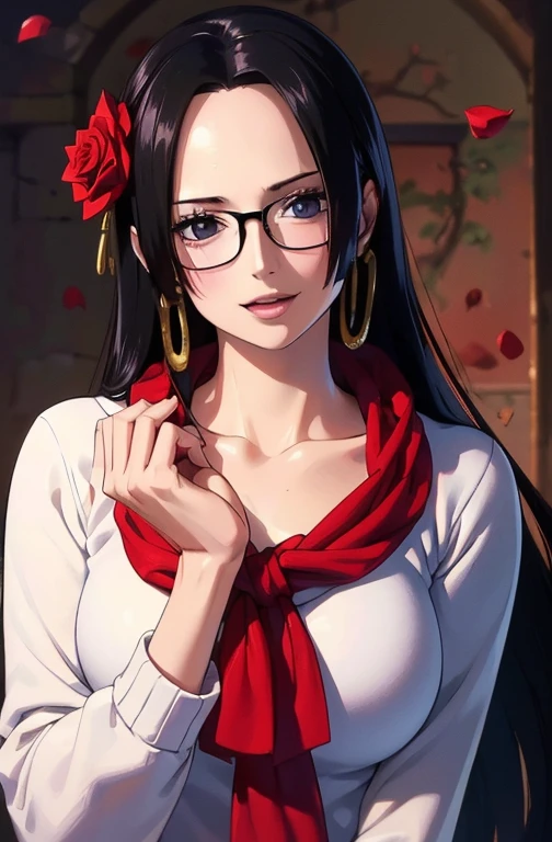 best quality, masterpiece, highly detailed,1girl, ((rose)), (vine), cage, bandage, red rope, (detail light), falling rose petals, Boa Hancock, (masterpiece:1.5), Detailed Photo, Smiling, Sexy, (8K, Photorealistic, Best Quality: 1.4), (1girl), Beautiful Face, (anime realistic Face), (Black Hair, long Hair: 1.3), Beautiful Hairstyle, Realistic eyes, beautiful detail eyes, (realistic skin), beautiful skin, (sweater), absurd, attractive, ultra high resolution, ultra realistic, high definition, golden ratio, (sexually aroused:1.5), wear a white office suit, wear glasses,