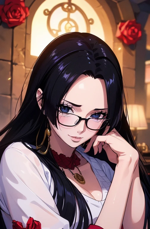 best quality, masterpiece, highly detailed,1girl,  ((rose)), (vine), cage, bandage, red rope, (detail light), falling rose petals, Boa Hancock, (masterpiece:1.5), Detailed Photo, Smiling, Sexy, (8K, Photorealistic, Best Quality: 1.4), (1girl), Beautiful Face, (anime realistic Face), (Black Hair, long Hair: 1.3), Beautiful Hairstyle, Realistic eyes, beautiful detail eyes, (realistic skin), beautiful skin, (sweater), absurd, attractive, ultra high resolution, ultra realistic, high definition, golden ratio, (sexually aroused:1.5), wear a white office suit, wear glasses, 