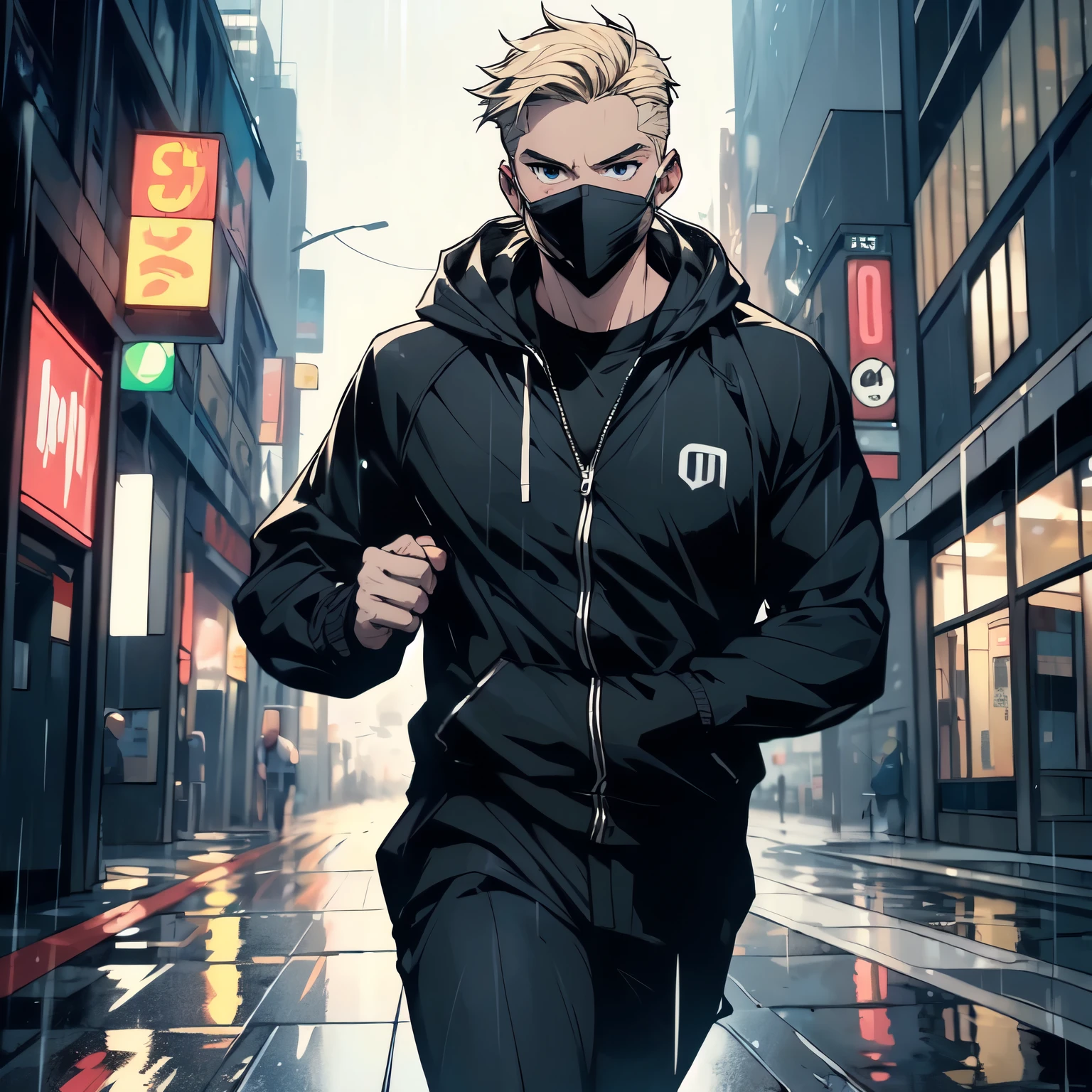 A blonde hair，A 30-year-old man wearing a black windbreaker and a mask，Running on rainy city streets，Running Action（Upper body display：1.5）（cinematic lighting：1.5）)(ultra-high detail:1.5)(best quality:1.5)