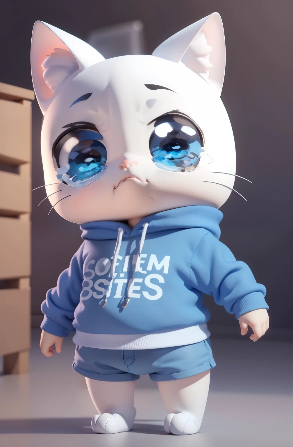 IP for 1 kitten,(Cartoon cat),(White and blue sweatshirt),Whole-body vision,Round eyes,Big head and ,Black background,Natural light,8k,masterpiece,highest quality,Ultra-fine,Clay Materials,Pixar Style, 3D Style, c4d, Blender,OC Rendering、Are crying、Facing forward