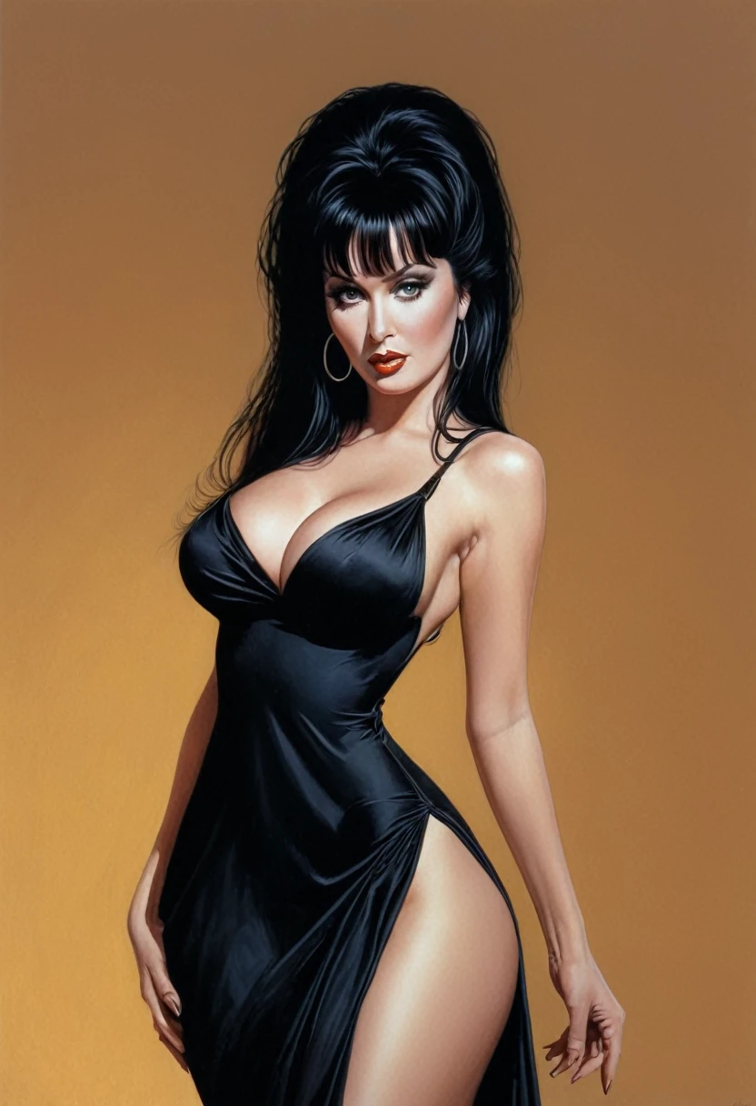 4k, best quality, Woman with black hair, long low-cut dress, large breasts, white woman, long hair, full lips, Sexy Woman, with a dark look, Elvira, Boris Vallejo style drawing