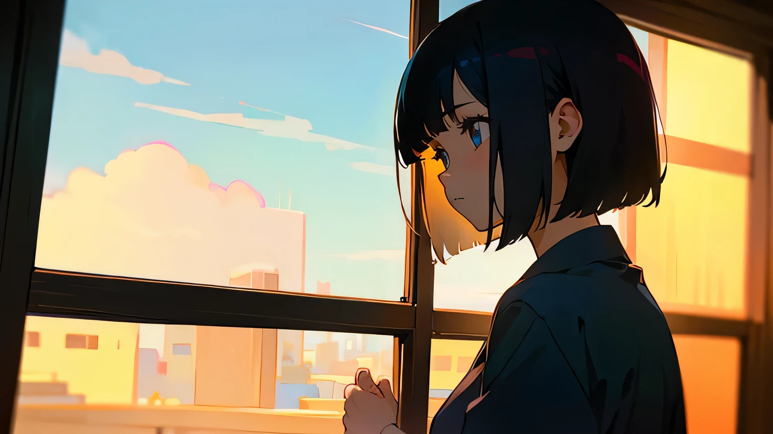 Woman looking out the window at a shot bar、looking away:1.4,Short Bob、glass、Warm lighting、Anime Style