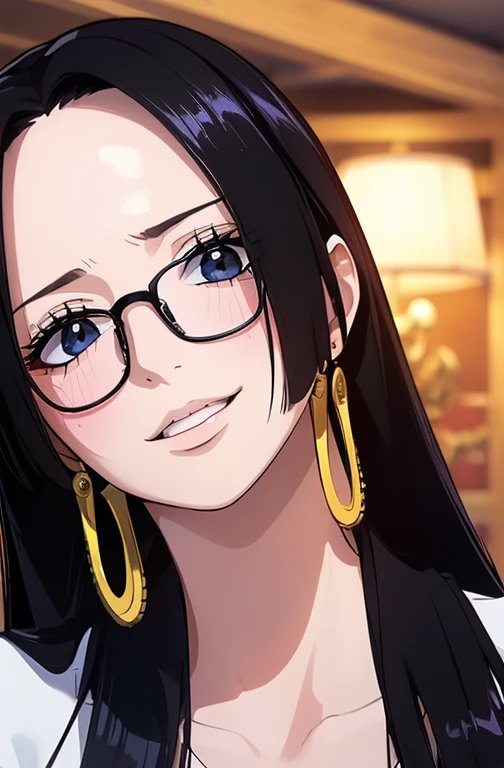 best quality, masterpiece, highly detailed,1girl, Boa Hancock, (masterpiece:1.5), Detailed Photo, Smiling, Sexy, (8K, Photorealistic, Best Quality: 1.4), (1girl), Beautiful Face, (anime realistic Face), (Black Hair, long Hair: 1.3), Beautiful Hairstyle, Realistic eyes, beautiful detail eyes, (realistic skin), beautiful skin, (sweater), absurd, attractive, ultra high resolution, ultra realistic, high definition, golden ratio, (sexually aroused:1.5), wear a white office suit, wear glasses, 