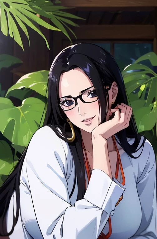 best quality, masterpiece, highly detailed,1girl, Boa Hancock, (masterpiece:1.5), Detailed Photo, Smiling, Sexy, (8K, Photorealistic, Best Quality: 1.4), (1girl), Beautiful Face, (anime realistic Face), (Black Hair, long Hair: 1.3), Beautiful Hairstyle, Realistic eyes, beautiful detail eyes, (realistic skin), beautiful skin, (sweater), absurd, attractive, ultra high resolution, ultra realistic, high definition, golden ratio, (sexually aroused:1.5), wear a white office suit, wear glasses, 