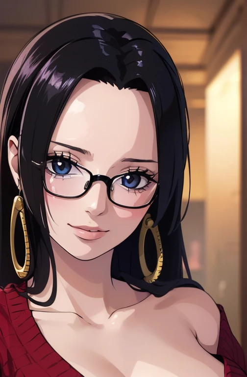 best quality, masterpiece, highly detailed,1girl, Boa Hancock, (masterpiece:1.5), Detailed Photo, Smiling, Sexy, (8K, Photorealistic, Best Quality: 1.4), (1girl), Beautiful Face, (anime realistic Face), (Black Hair, long Hair: 1.3), Beautiful Hairstyle, Realistic eyes, beautiful detail eyes, (realistic skin), beautiful skin, (sweater), absurd, attractive, ultra high resolution, ultra realistic, high definition, golden ratio, (sexually aroused:1.5), wear a white office suit, wear glasses, 