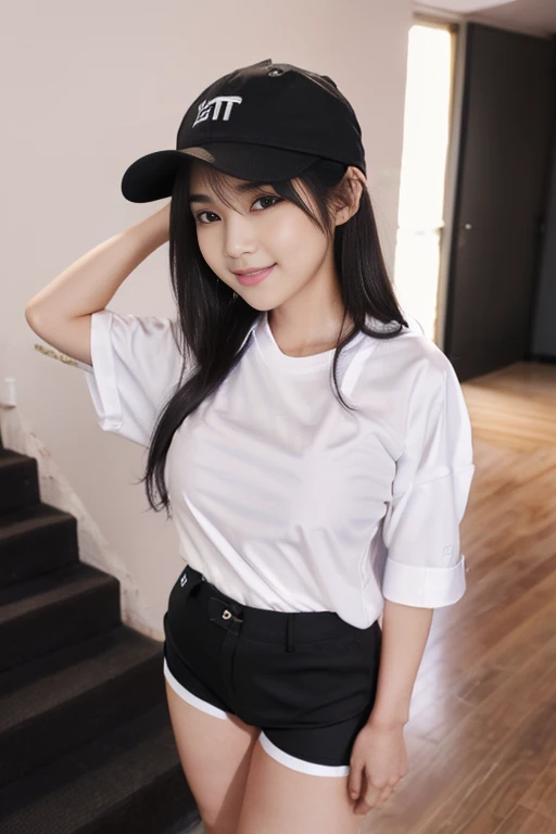 Japanese women、young woman、cute、Beauty、Straight face、Climbing the stairs at the station、Back view、Half Body、Look back here、Looking down here、Long black hair、(He is wearing a tight fitting black baseball cap:1.5)、(Tight shorts、Black hot pants:1.6)、I can see your thighs、Beautiful legs、Beautiful feet、(Oversized T-shirt、Long T-shirt:1.8),Emphasizes chest line、Mid-chest、Sideboob,Sexy pose、attractive、(Underwear lines showing、see-through bra)、Pale Light、smile