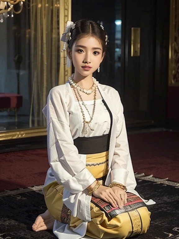 Beautiful queen wearing traditional dress with MMTD Burmese pattern,Wear a pearl necklace and a gold bracelet,Beautiful details throughout the body, Sitting in a kingly position on a long traditional golden throne in a golden palace, Myanmar traditional hairstyle,Optimal Configuration, Panorama cover photo, Centimetric lighting and ultra-realistic details, Octane Rendering, Unreal Engine, Sharp focus,32k ,UHD resolution