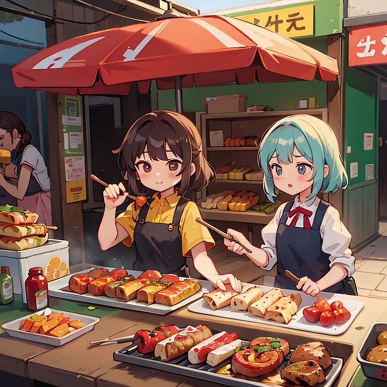 Girls making kebabs at a kebab stall
