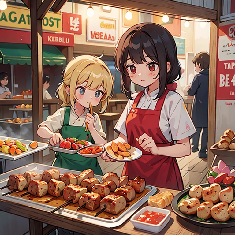 Girls making kebabs at a kebab stall