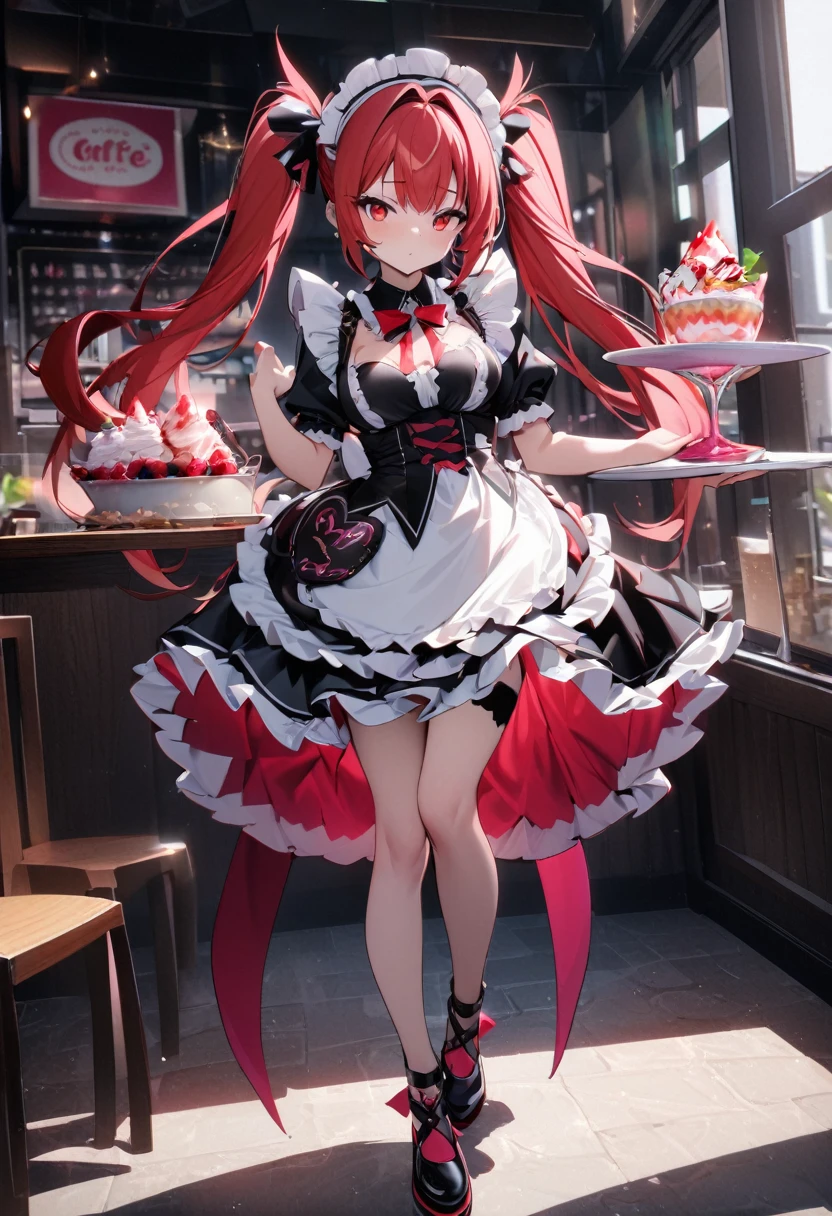 High quality, high definition, hig
h precision images,8k 1 girl Robot Girl、red hair,Twin tails,Red eyes.(robot style red and white barrette)、colorful maid Cafe, White and red luxurious frilled maid outfit,Place a large pink parfait on a tray and hold it with one hand.Full body view,