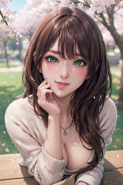 ((On the table, best quality, high resolution, nffsw, Pixel Perfect, Depth of Field, 4K, nffsw, nffsw))), 1 Girl, single, Solitary, Beautiful anime girl, Beautiful art style, Anime Characters, ((Long hair, Bangs, Brown hair)), ((Green Eyes:1.4, Round eyes, Beautiful eyelashes, Realistic eyes)), ((Delicate face, blush:1.2)), ((Smooth texture:0.75, Realistic textures:0.65, Reality:1.1, Anime CG style)),  Dynamic Angle, Perfect body, ((View, Selfie Poses, portrait)), ((White sweater, Long sleeve, Black skirt, Plaid skirt, fashionable, 1 handbag, 1 diamond necklace)), Smile,  amusement park, ((Cherry tree, Cherry blossoms fall)) Big Breasts, cleveage, Full and soft breasts, (The breasts are very soft)