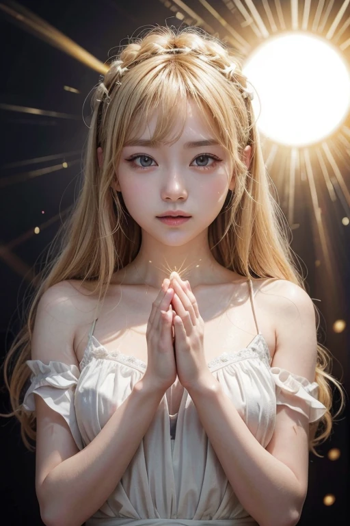 "Maiden of the Sun": 太陽の光を浴びたgod聖な聖域の中で, 太陽の女godの姿を描く, 前を向いてgod聖な輝きを放つ, Blonde, When she looks at us. Zoom in to focus on her face, A ball of light shines in her hand, Represents the vitality of the sun. The background should be predominantly pink, god々Gives a sense of sparkle. The Stage is Heaven,Sun in the background、 soft, Bright light, A place to find tranquility and inner peace, No trace of anxiety. moreover, The light emanating from her hands should take the shape of a glowing heart., Resting gently in the palm of her hand.