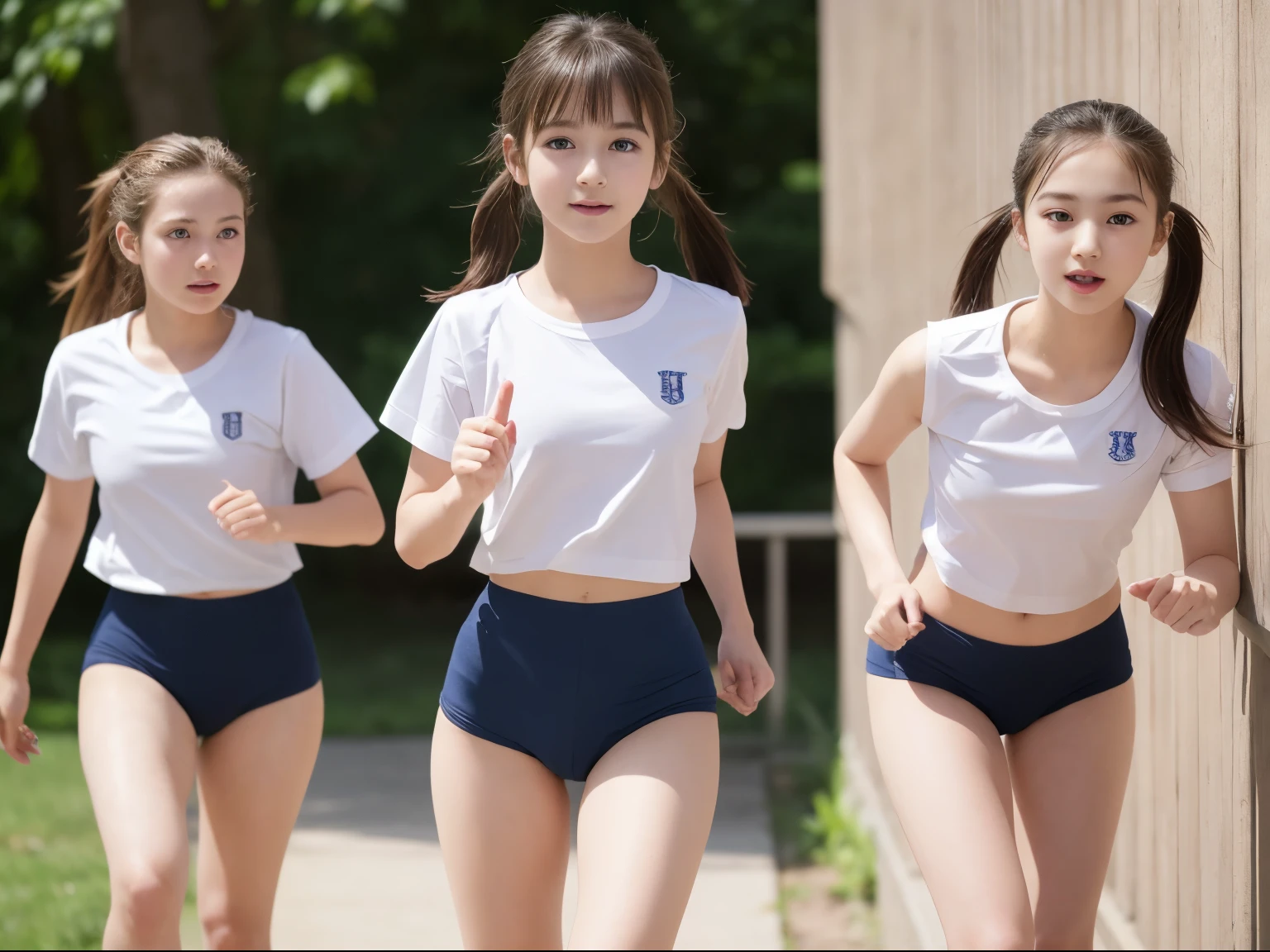five girls running in the schoolyard,Navy blue briefs in speed style without logo,White school gymnastics shirt,18year old,Bangs,A little smile,thighs thighs thighs thighs,Knees,short cut hair,poneyTail,From below,((nsfw)), photographrealistic, cute oriental girl, , twintails,.erect nipples, .masterpiece, 8k, best quality, ultra-high res (photo realistic:1.4), ( highly detailed face, beautiful face, (realistic face), beautiful hairstyle, realistic eyes, beautiful detailed eyes, (realistic skin), beautiful skin, ultra high res, ultra realistic, highly detailed, (pureerosface_v1:0.2), (European preteen:1.2), (Japanese preteen:0.9), (age 9, pretty girl:1.3), (:1.1)high nose, slim body, slender girl, detailed middle bust, slim thighs, slim legs, small hip,