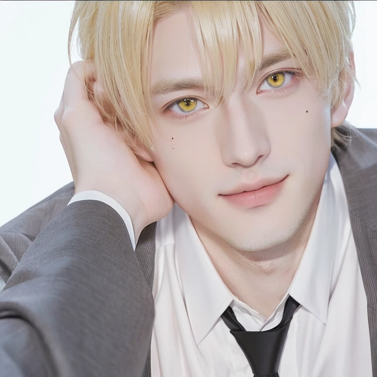 anime image of a man with yellow eyes and a suit, tall anime guy with blonde boy with yellow eyes, handsome anime pose, male anime character, his eyes glowing yellow, smileing nright, anime handsome man, with glowing yellow eyes, his smile threw shadows, kentaro miura manga art style, manga style of kentaro miura ,A young man with a mole under