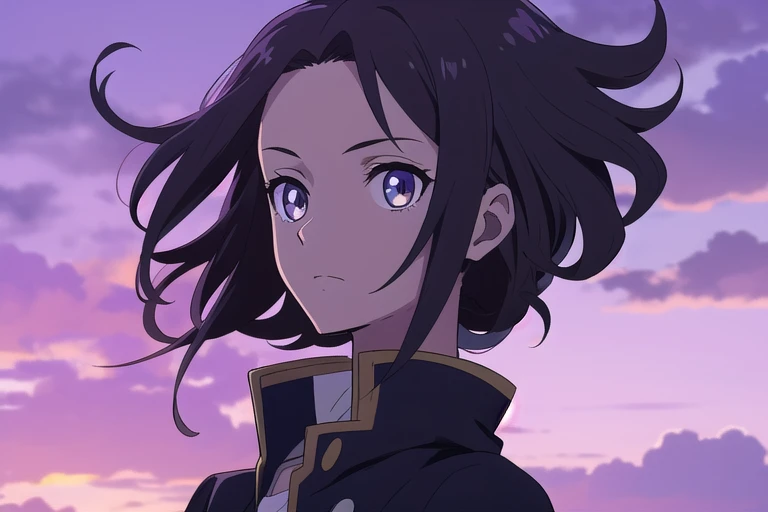 olhos em formato de cruz brilhante, cabelo curto, cabelo preto, alone, purple sky, Jaqueta preta e vermelh