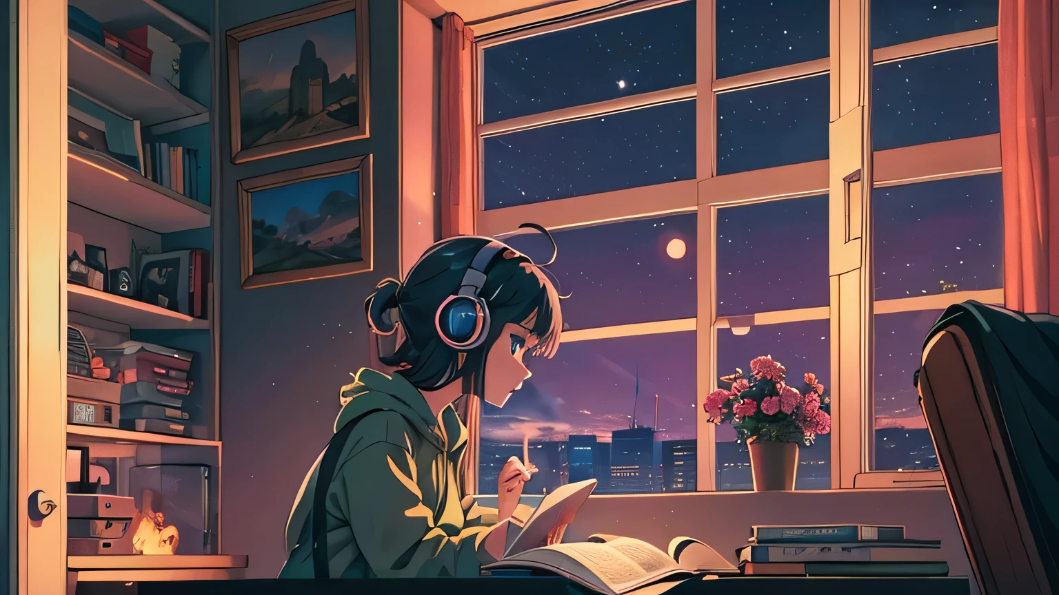 night, Large windows, Anime girl reading a book while relaxing in her room with headphones on, Illustration,LOFI Girl, Anime atmosphere, Lofi Artstyle, Anime Style 4k, Anime Aesthetics, Nightcore, Lo-fi feeling, Lofi Art, anime art wallpaper 4k, anime art wallpaper 4k, anime wallpaper 4k, anime wallpaper 4k, Lo-fi vibe