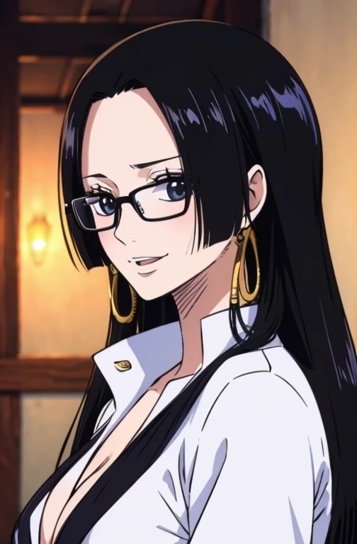 best quality, masterpiece, highly detailed,1girl, Boa Hancock, (masterpiece:1.5), Detailed Photo, Smiling, Sexy, (8K, Photorealistic, Best Quality: 1.4), (1girl), Beautiful Face, (anime realistic Face), (Black Hair, long Hair: 1.3), Beautiful Hairstyle, Realistic eyes, beautiful detail eyes, (realistic skin), beautiful skin, (sweater), absurd, attractive, ultra high resolution, ultra realistic, high definition, golden ratio, (sexually aroused:1.5), wear a white office suit, wear glasses,