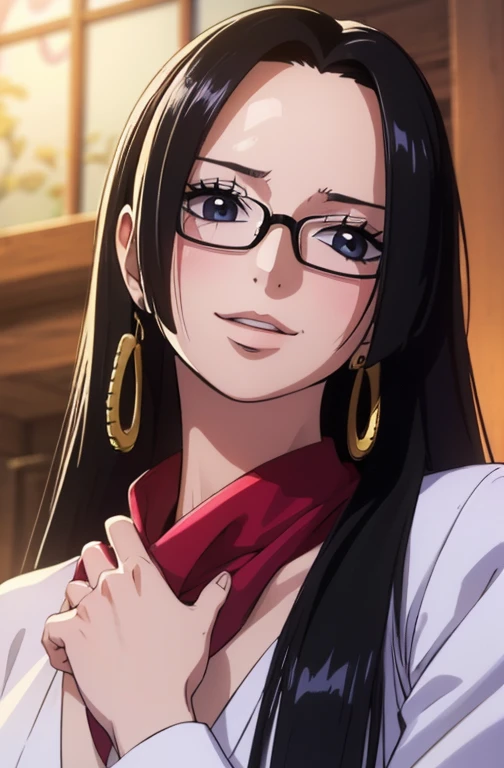 best quality, masterpiece, highly detailed,1girl, Boa Hancock, (masterpiece:1.5), Detailed Photo, Smiling, Sexy, (8K, Photorealistic, Best Quality: 1.4), (1girl), Beautiful Face, (anime realistic Face), (Black Hair, long Hair: 1.3), Beautiful Hairstyle, Realistic eyes, beautiful detail eyes, (realistic skin), beautiful skin, (sweater), absurd, attractive, ultra high resolution, ultra realistic, high definition, golden ratio, (sexually aroused:1.5), wear a white office suit, wear glasses, 