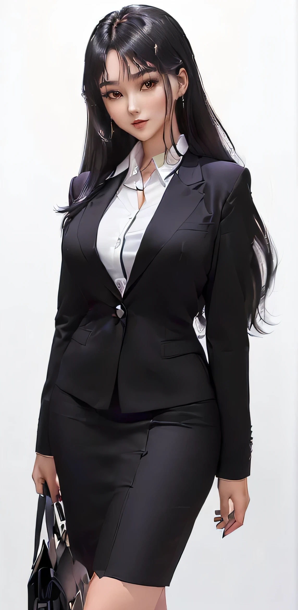 (((Full body image from head to toe of a very beautiful young 23 year old girl, corpo esguio!!, magra!!!, garota de anime!!!, rosto um pouco arredondado!! she is tall and has 1.70 metros de altura, estilo anime!! inspirada na atriz coreana Park Eunbin!!)), ((cabelos negros lisos e longos, com franja)), ((pele branca como a de um vampiro)), ((olhos cor castanhos)),((He is smiling cutely)), (((wearing a black suit and white shirt holding a bag in his hand, terno de advogado, Terno escuro, wearing black Business suit, woman in black Business suit, wearing a strict Business suit, garota de terno, black Business suit, wearing a Business suit, elegant suit, business attire, wearing Business suit, Garota de terno, vestindo um terno preto, Business suit, vestindo terno preto))