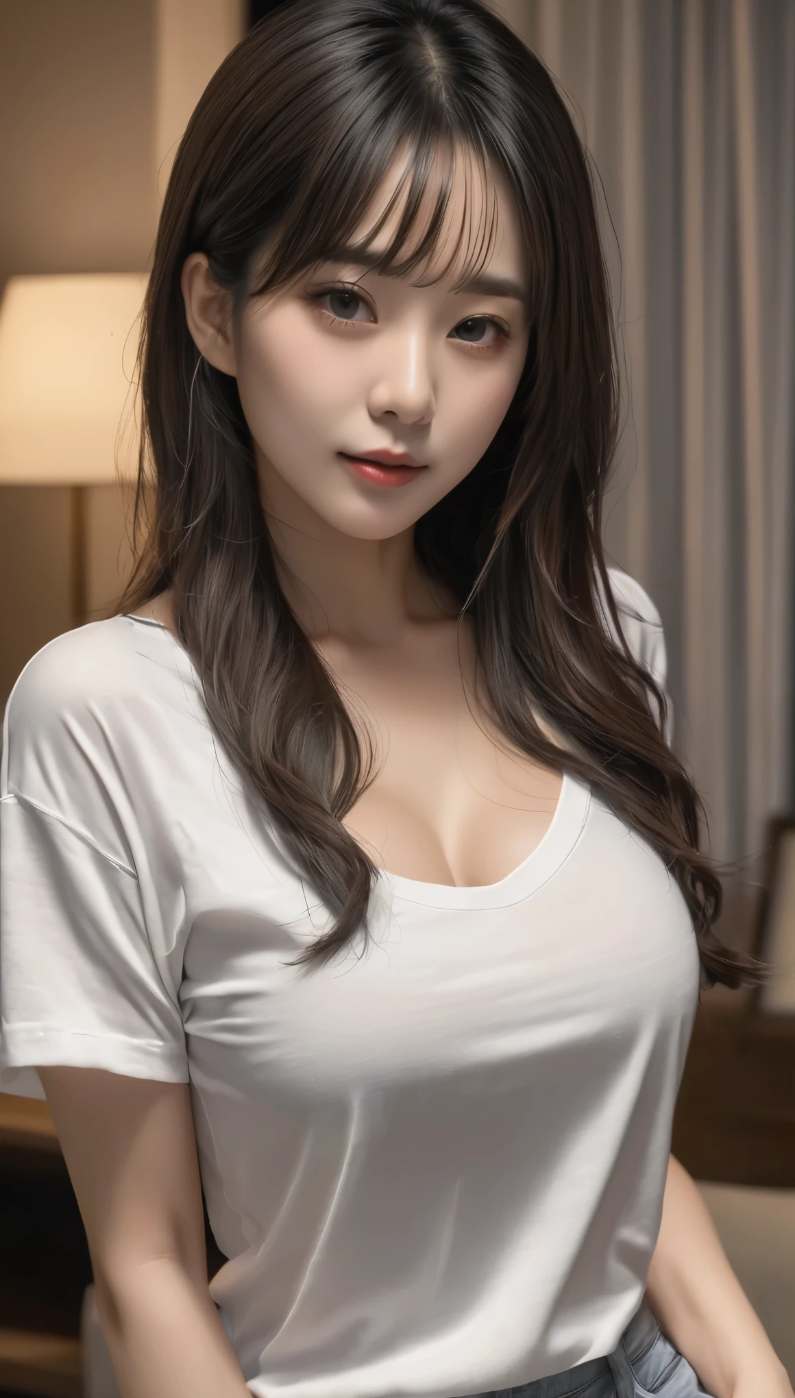 highest quality、masterpiece、Ultra-high resolution、4k、live-action、Beautiful Japanese Women、Light in the eyes、24 talents、Chest size is F、Big Breasts、Bob Hair、Big black eyes、Sexy smile、White oversized T-shirt、Grey shorts、Nipples are visible、No bra、Put your chest close、The background is the living room at night、Pale Light、Bust Shot