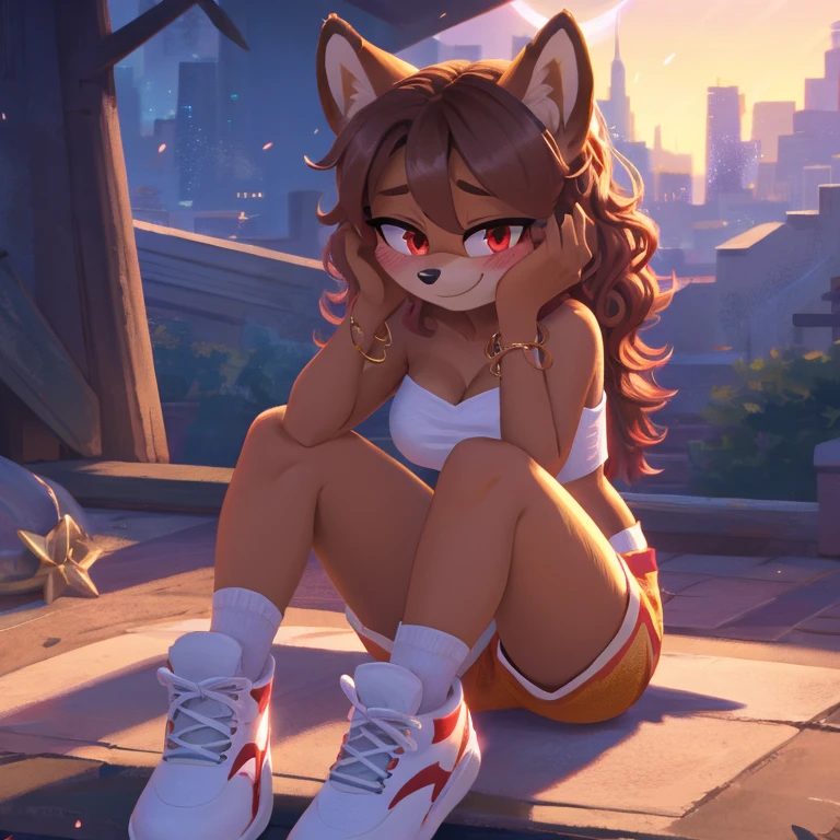 mobian, hedgehog, two-tone fur ((orange fur, brown fur)), pyjama elastic shorts, strapless crop top, cleavage, high-top sneakers, two-tone hair (brown hair, black tip)), curly hair, halo, sunglasses, jewelry, red eyes, longeyelashes, red eyes, smile, shy, blush, high detail, masterpiece, UHD, anatomically correct, super detail, highres, 4K