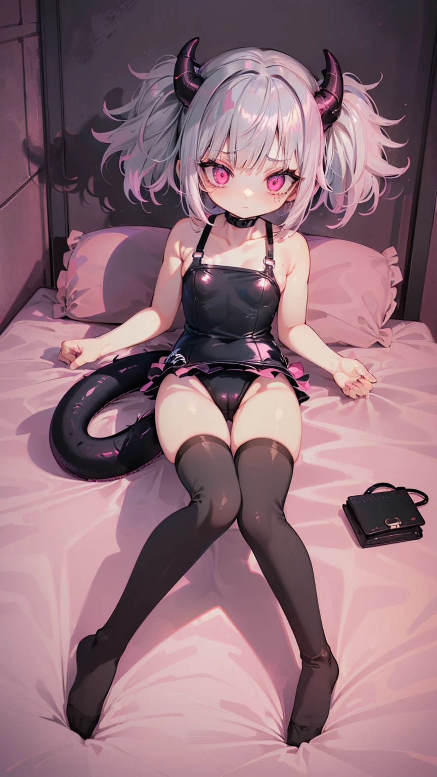 Young Girl, Girl 1, Silver Hair, Short Hair, Twin Tails, Pink Eyes, Deep Pink Eyes, Devil tail, Grey Devil tail, Grey swimsuit, One piece swimsuit, Laying down on bed, light pink theme to bedroom, Grey leather, Thigh highs, leather straps, SFW