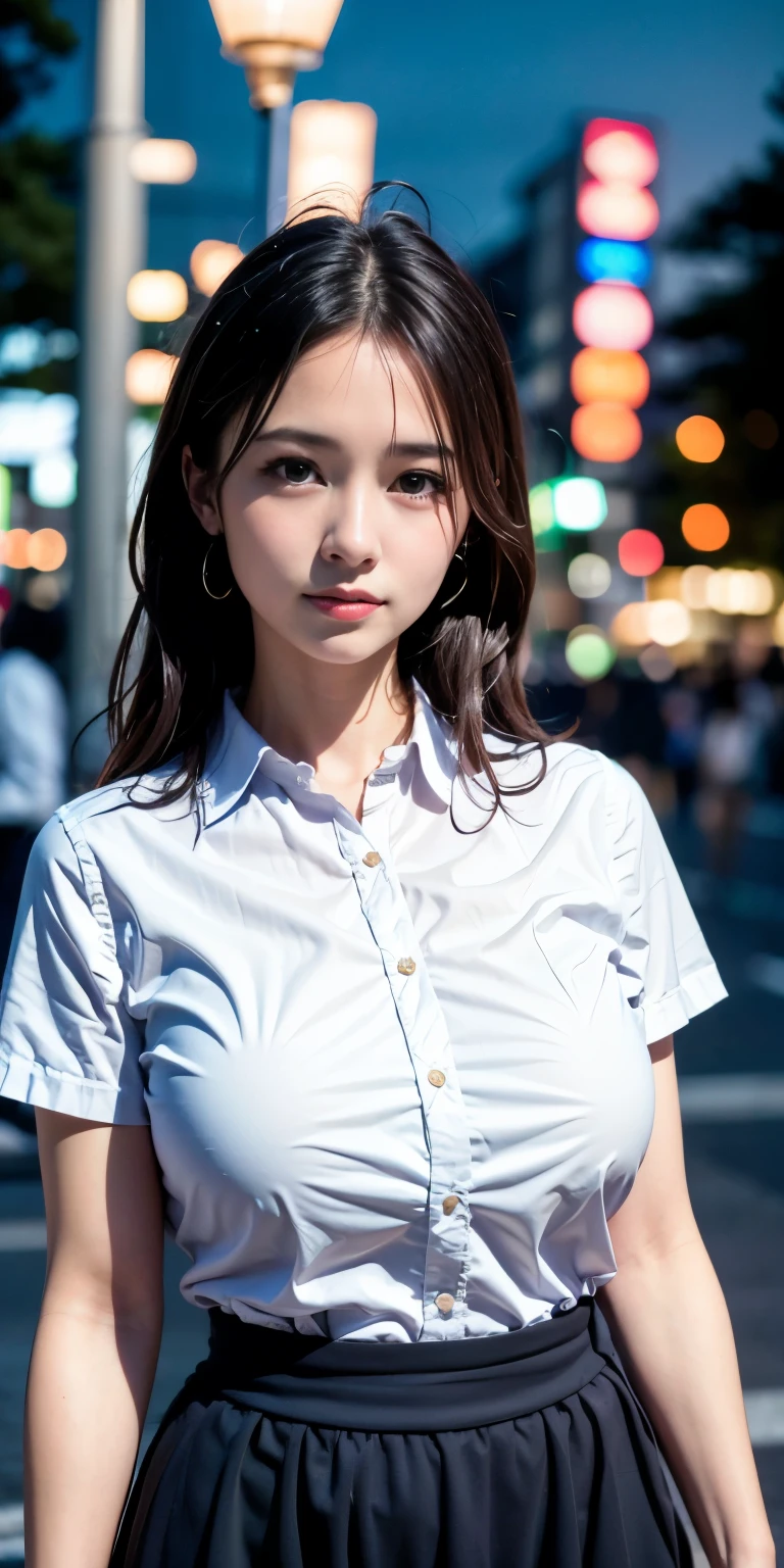 1 girl, Tokyo Street,night, Streetscape,City lights,Upper Body,close,smile,, (8k, RAW Photos, highest quality, masterpiece:1.2),(Realistic, photo-Realistic:1.37),