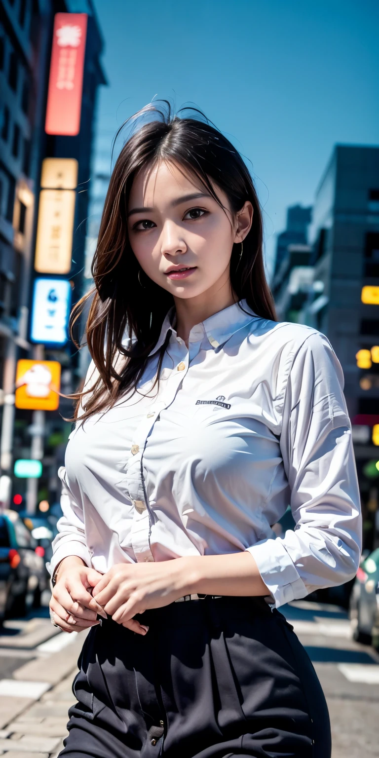 1 girl, Tokyo Street,night, Streetscape,City lights,Upper Body,close,smile,, (8k, RAW Photos, highest quality, masterpiece:1.2),(Realistic, photo-Realistic:1.37),
