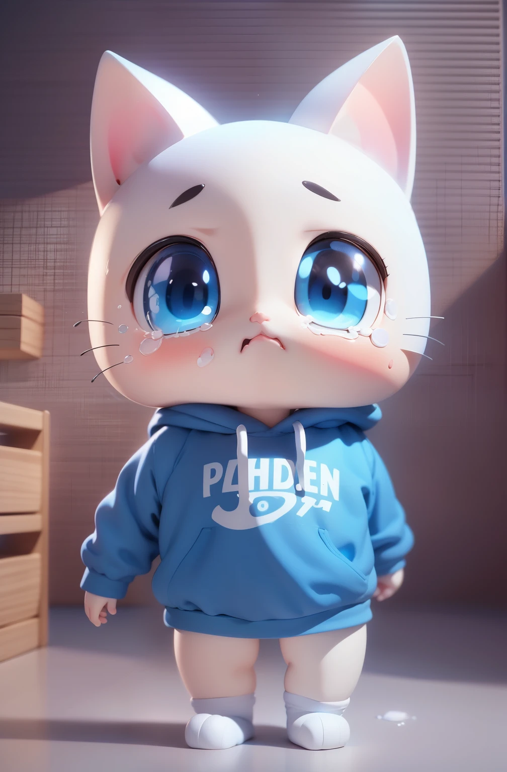 IP for 1 kitten,(Cartoon cat),(White and blue sweatshirt),Whole-body vision,Round eyes,Big head and ,Black background,Natural light,8k,masterpiece,highest quality,Ultra-fine,Clay Materials,Pixar Style, 3D Style, c4d, Blender,OC Rendering、Are crying、Facing forward