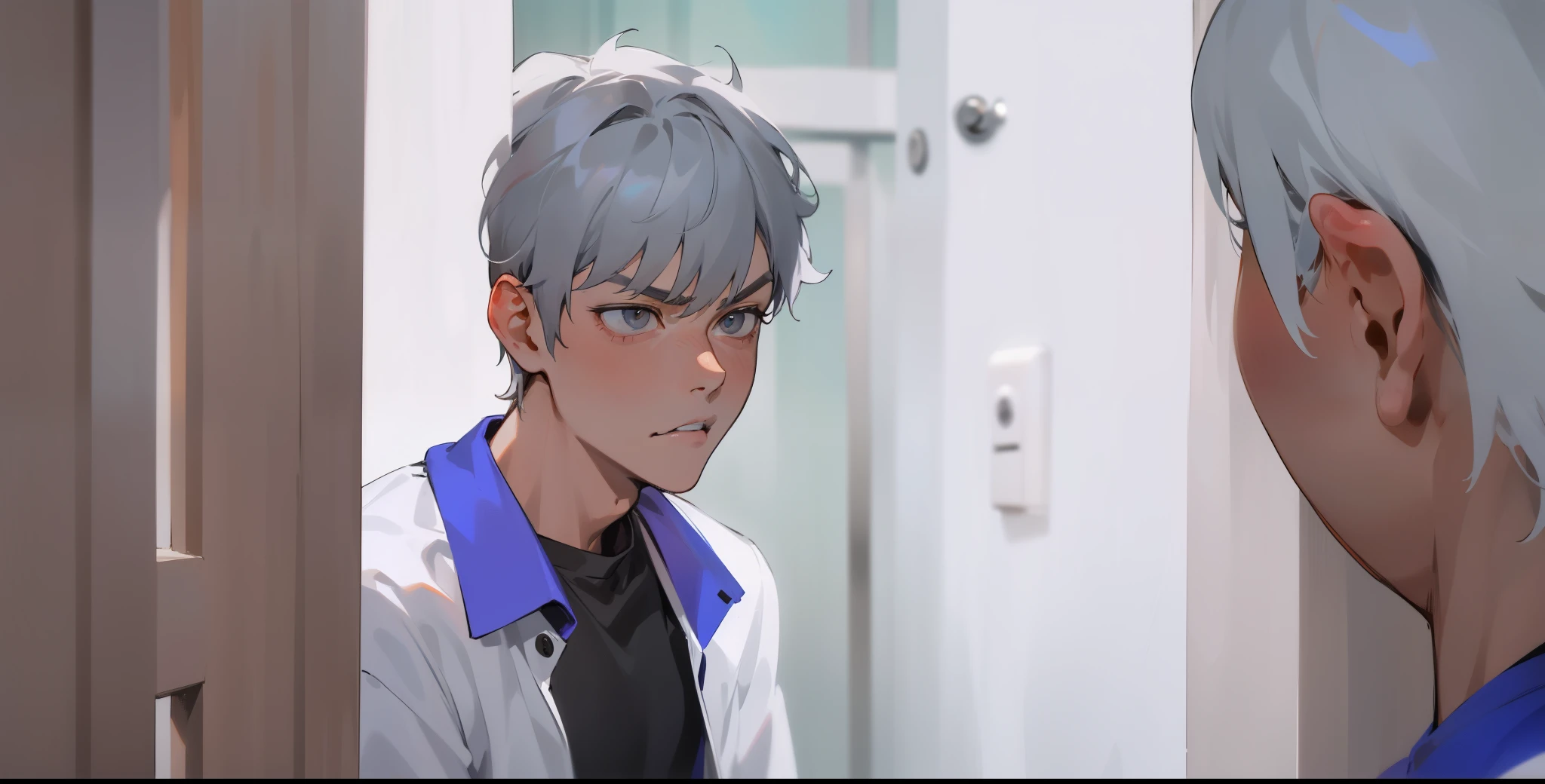 cute 18 year old boy gray hair gray eyes this serious penetrating look speaking casually